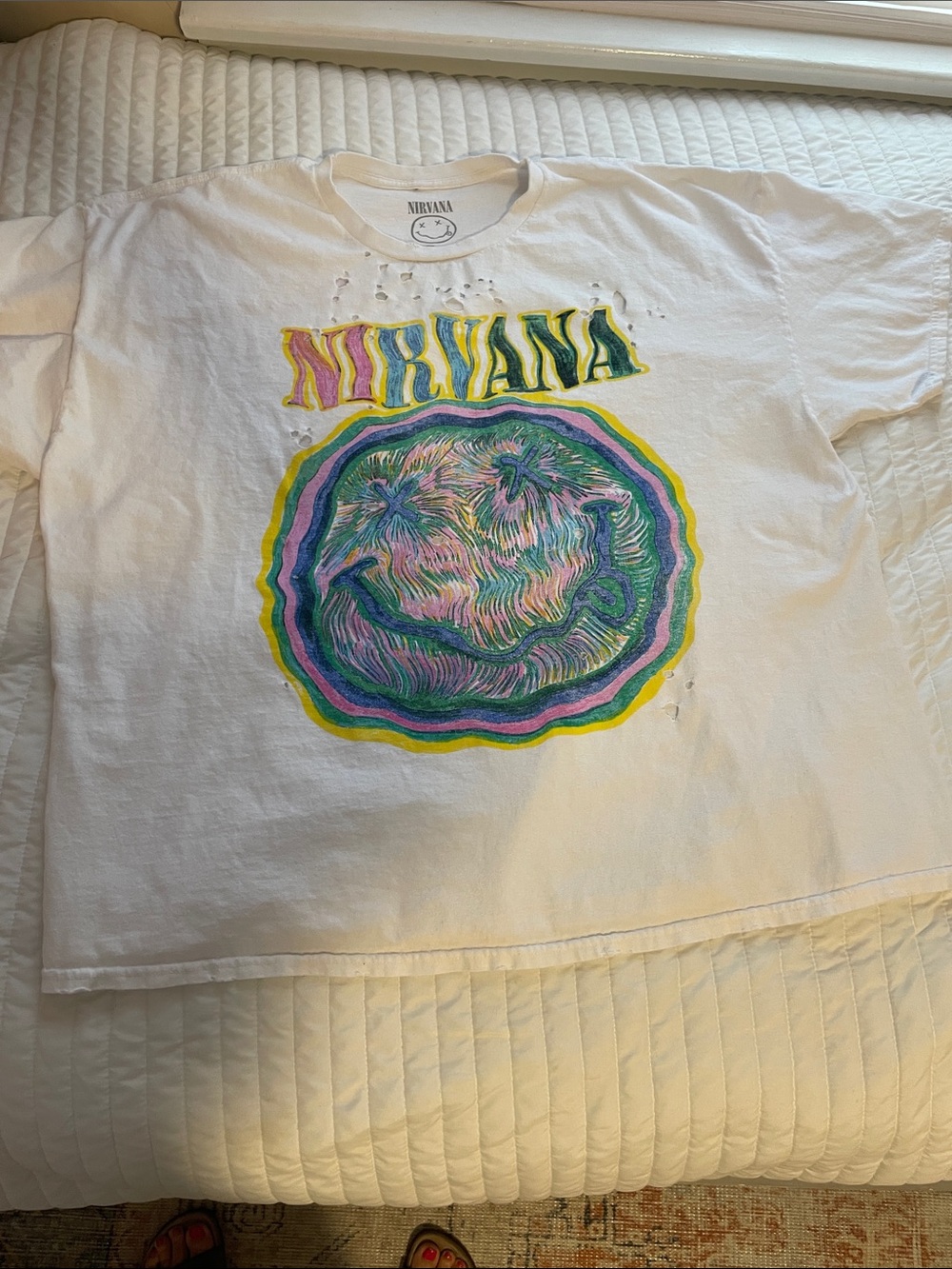 NIRVANA White Short Sleeve Tee with Rainbow Smiley Graphic